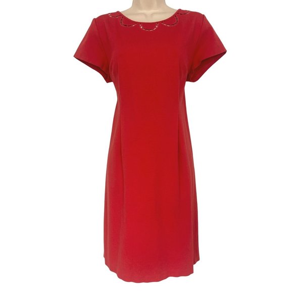 Size 10 TALBOTS RED-ORANGE CUTOUT NECKLINE PONTE KNIT SHEATH DRESS Classy Career - Picture 1 of 5